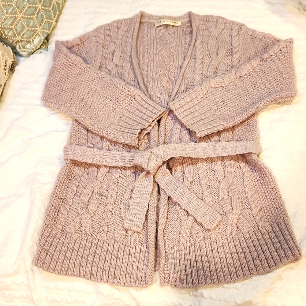 Trina Turk Los Angeles 100% Wool Cable Knit Cardigan with Tie EUC